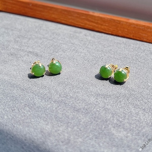 8mm Green Nephrite Jade Stud Earrings | Genuine Jade | Gold-Plated S925 Sterling Silver | Three-Prong Setting