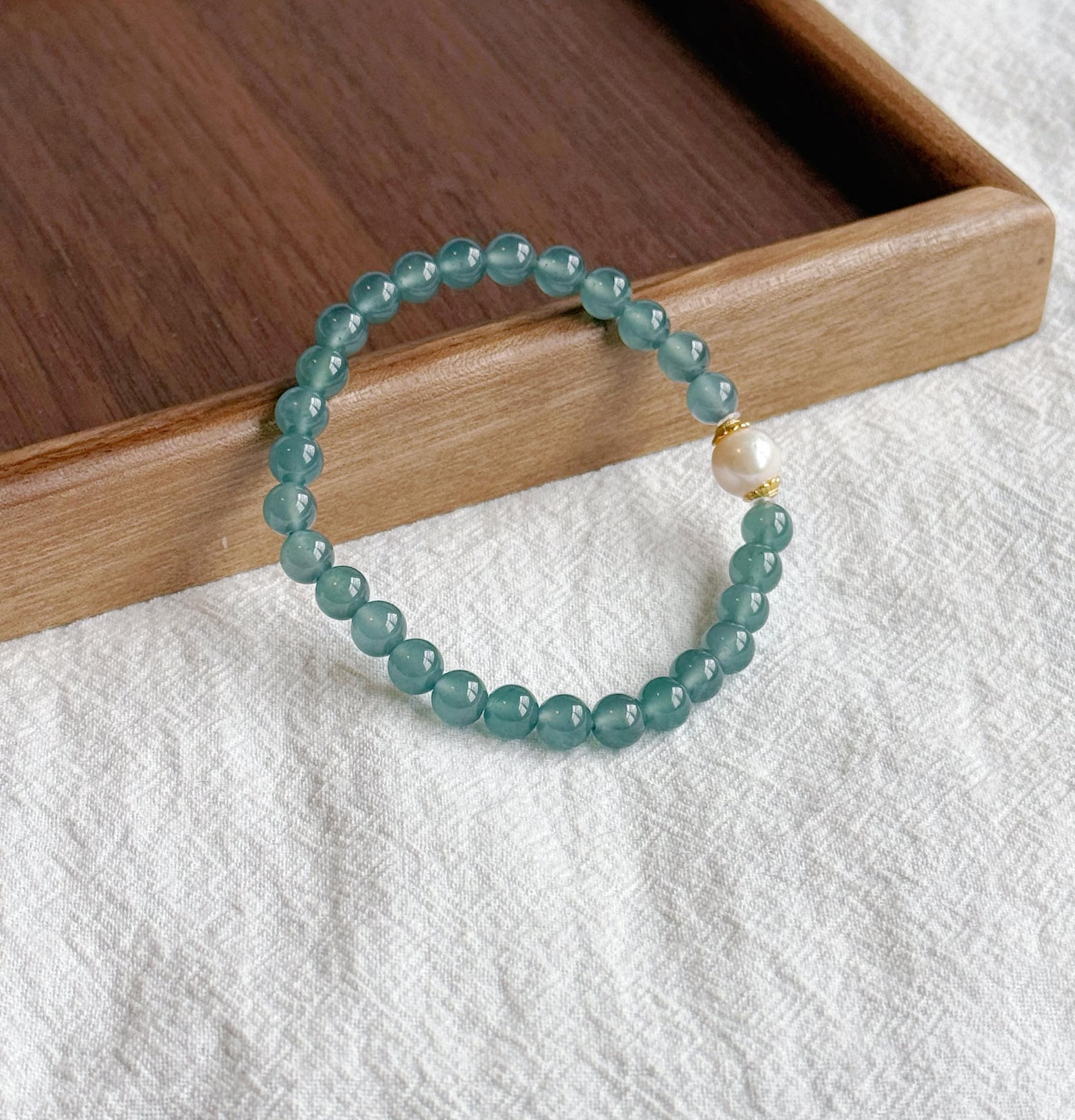6mm Natural Guatemalan Blue Water Jadeite Bracelet with Freshwater Pearl | S925 Sterling Silver Accents