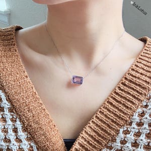 S925 Sterling Silver Amethyst Pendant Necklace: February Birthstone, Rectangle Pendant, Adjustable Length