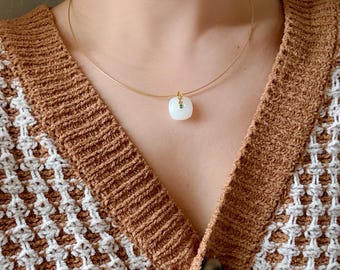 18k White Nephrite Jade Pendant Necklace | Square-Round | 18" Gold-Plated Sterling Silver Chain
