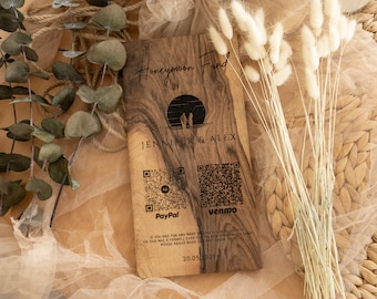 Walnut Wood Honeymoon Fund Sign: Wedding QR Code Gift