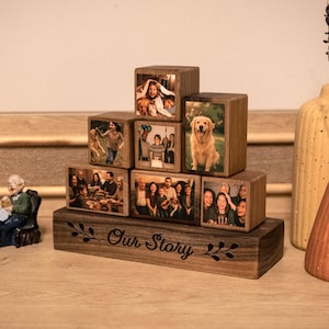 Custom Wooden Photo Blocks Collage – Stackable Wood Photo Block Set, Family & Wedding Display, Personalized Picture Blocks Gift