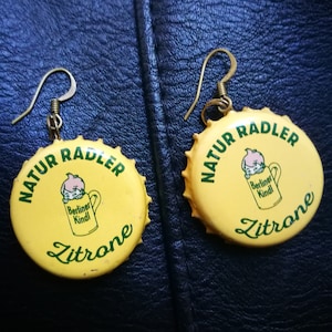 Earrings made from altered bottle caps beer Berliner Kindl nature shandy PunK nineties gift idea funny earrings bottle cap bottel cap