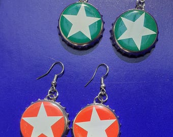 Handmade earrings made from altered Sterni Sternburg Leipzig bottle caps. Bottle cap earrings oi ska upcycling sustainable diy punk beer DIY.