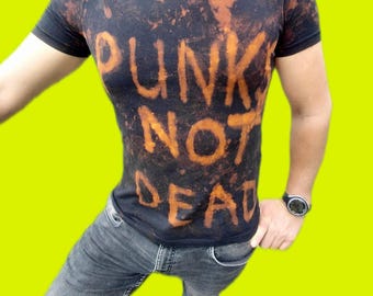 Handmade Upcycling Punk TShirt “ Punks Not Dead ” – Bleached Black Handmade Tie Dye Batik Shirt S Grunge Gothic Festival Unique Grunge