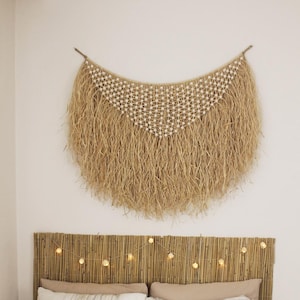 Boho Raffia Wall Hanging, Handmade Woven Natural Fiber Wall Decor, Large Bohemian Wall Art, Etnic Boho Wall Hanging, Rustic Modern Home