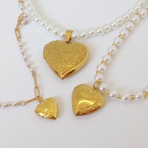 Herz Medaillon Gold Halskette, Ketten Auswahl, Medaillon Herz 18k Gold PVD beschichtet, Florale Gravur Medaillon zum Befüllen mit Foto Bild 7