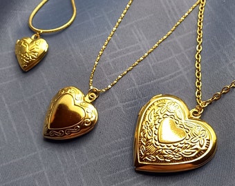 Medaillon Herz 18k Gold PVD beschichtet  - Halskette, Ketten Auswahl, Florale Gravur, Medaillon zum Befüllen mit Foto, Andenkenkette