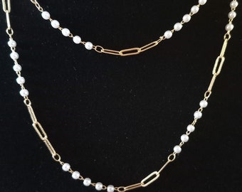 Feine Doppelkette, Choker, Feine mehrreihige Halskette, doppellagige Layerkette,  Paperclip und Perlen als mehrstränige Halskette