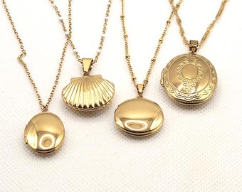 Gouden fotomedallions. Roestvrij staal, minimalistisch tot oosters. Klein, middelgroot, groot, vintage look, delicate gouden kettinkjes.