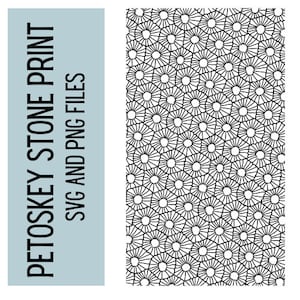 Può includere: Stampa digitale in bianco e nero di un motivo di pietra di Petoskey. Il motivo è composto da piccoli cerchi e linee che creano un design geometrico. La stampa è perfetta per l'uso in progetti di artigianato, come lo scrapbooking, la creazione di biglietti e la decorazione della casa.