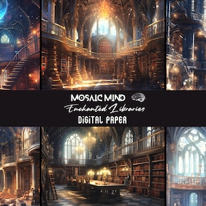 Könnte beinhalten: Sechs digitale Papierhintergründe mit einer Fantasy-Bibliothek mit hohen Bücherregalen, einer großen Treppe und einem großen Fenster. Die Bibliothek ist mit Kerzen und einem Kronleuchter dekoriert. Der Text "Mosaic Mind Enchanted Libraries Digital Paper" wird am unteren Rand des Bildes angezeigt.
