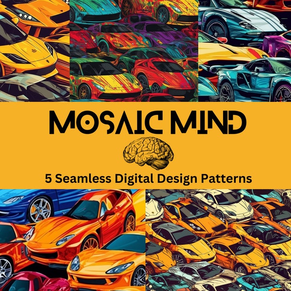 Seamless Pattern Designs - Sports Cars Sleek and Sporty, Seamless Patterns of Shiny Sports Cars – Perfect for Commercial Use