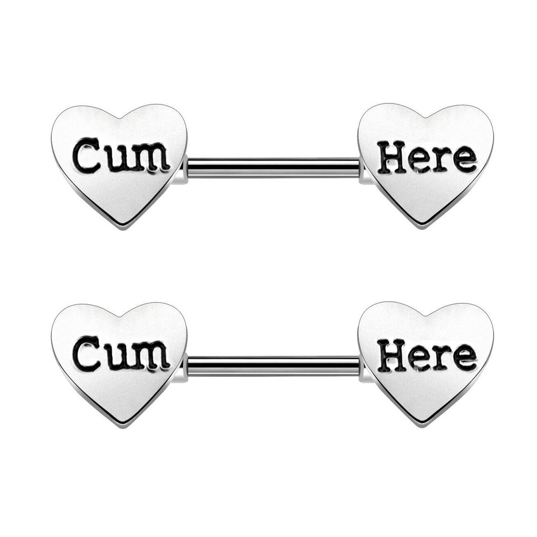 Pair of 14 Gauge 9/16 Inch Barbell Nipple Ring Cum Here Heart Shaped