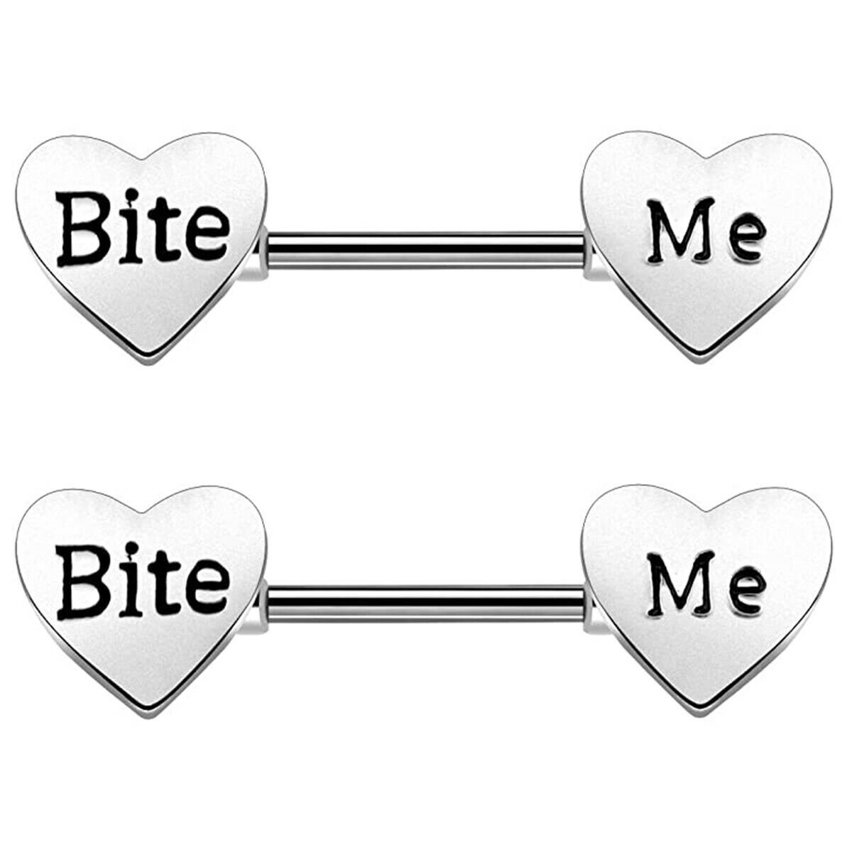 Pair of 14 Gauge 9/16 Inch Barbell Nipple Ring Bite Me Heart Shaped