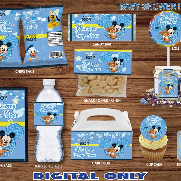 Pack de fête de douche Welcome Baby Mickey Mouse - Sac à chips - étiquettes - eau et plus encore. TÉLÉCHARGEMENT NUMÉRIQUE