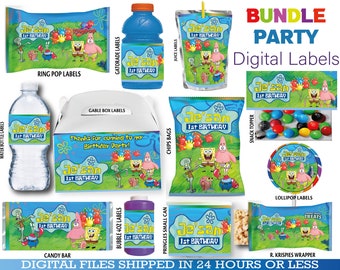 Sponge Birthday Party Pack - Chip Bag - Krispies - candy - Juice - tags - water and more, DIGITAL DOWNLOAD