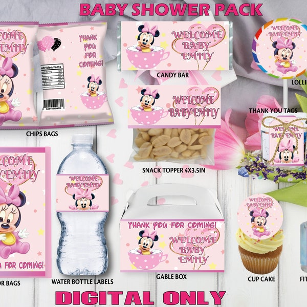 Willkommens-Baby-Minnie-Maus-Party-Partypaket – Chip-Tüte – Anhänger – Wasser und mehr. DIGITALER DOWNLOAD