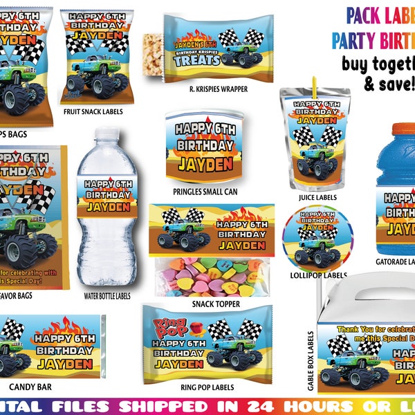 Monster Truck Package Printable - Chip Bag/Lollipop/Gable box/Juice Label/Bottle Label/Candy bar/and more- Monsters Birthday Party