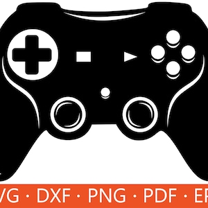 May include: Black and white silhouette of a video game controller. The controller has a directional pad, four action buttons, and two analog sticks.