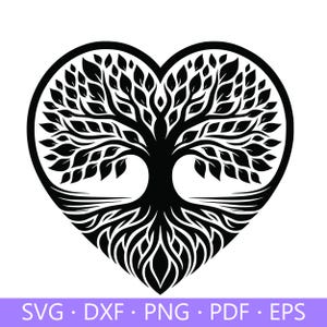 Könnte beinhalten: Schwarze und weiße Silhouette eines Lebensbaums in Herzform. Der Baum hat einen dicken Stamm und viele Äste mit Blättern. Die Wurzeln sind sichtbar und breiten sich unter dem Baum aus.