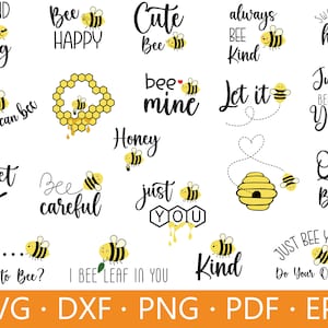 Puede incluir: Un conjunto de 16 archivos de corte SVG con temática de abejas que presentan varios juegos de palabras y refranes sobre abejas. Los diseños incluyen frases como "Bee Kind", "Bee Happy", "Sweet as Honey" y "Just Bee Yourself".