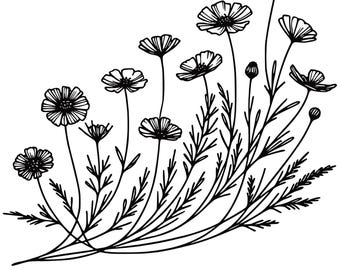 May include: A black and white line drawing of wildflowers. The image shows several open flowers, buds, and leaves. The flowers have detailed petals and are on thin stems. The image includes the text "SVG DXF PNG PDF EPS" in a green bar at the bottom.