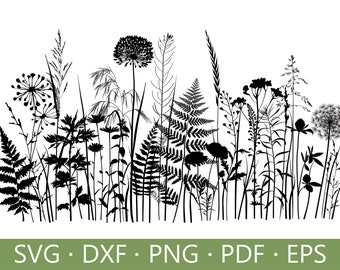 May include: Black silhouette of a variety of wild plants and flowers, including ferns, dandelions, and grasses.