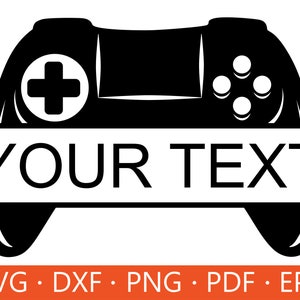 May include: Black and white silhouette of a video game controller with the text "YOUR TEXT" in the center.