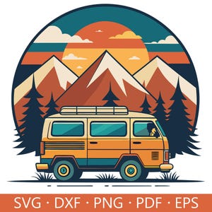 May include: A vintage-style illustration of a yellow camper van driving through a mountain landscape with a sunset in the background. The van has a roof rack and a driver in the front seat. The mountains are brown and green, and the sky is orange and blue.