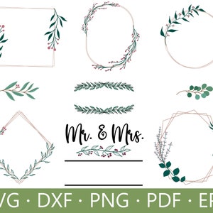 May include: Set of nine floral wreaths and frames with gold accents. The wreaths and frames feature green leaves and pink berries. The text "Mr. & Mrs." is included in the design.