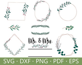 Wreath SVG Bundle, Family name monogram SVG, Wedding Floral Wreath SVG, Hand drawn floral svg, Family svg, Mr. and Mrs. Monogram Svg