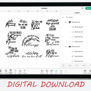 May include: A digital design sheet with 8 motivational quotes, each with a floral design. The quotes include "Own Yourself", "You are not alone", "Give out what you want to get back", "Align yourself with the dream", "Turn your pain into purpose and power", "Positivity always wins", "Turn your wounds into wisdom", "You become what you believe", "You make the difference", and "You can have it all".