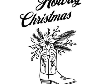 Howdy Christmas Cowboy Boots SVG, Floral LineArt (Digitale Dateien)