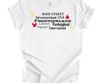 Disney parks t shirt, magic kingdom t shirt, Disneyland t shirt, Disney lands shirt, main st USA, Frontierland, Tomorrowland, Adventureland