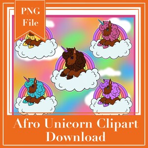 May include: A digital illustration featuring five cartoon unicorns with brown fur and colorful manes, each resting on a cloud above a rainbow. The image includes the text "Afro Unicorn Clipart Download" and "PNG File".