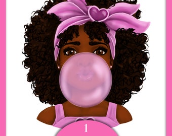 Black Girl Bubble Gum Design Art| Black Girl PNG Image | Afro Kids Illustration| Black Clip Art Sublimation Design Download| Black Baby