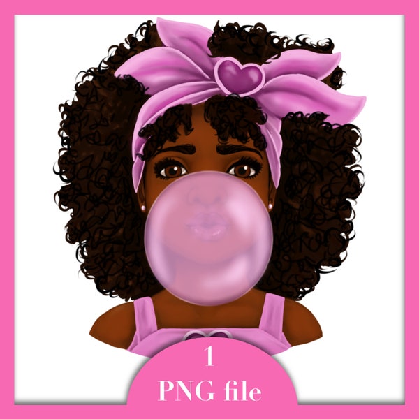 Black Girl Bubble Gum Design Art| Black Girl PNG Image | Afro Kids Illustration| Black Clip Art Sublimation Design Download| Black Baby