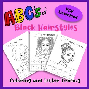 Libro para colorear digital de chicas negras, trazado del alfabeto de la A a la Z, colorea hermosos peinados de chicas negras, trazado de letras y páginas para colorear para niños