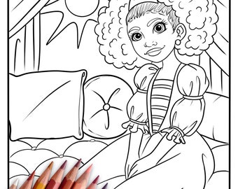 May include: Line art illustration of a princess with a crown, seated on a tufted cushion. The princess has curly hair and is wearing a dress with puffed sleeves. A sun and curtains are in the background. Colored pencils are in the foreground.