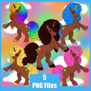 May include: Five digital illustrations of brown unicorns with different colored manes and tails. The unicorns are standing on a rainbow background with clouds. The text "5 PNG Files" is at the bottom of the image.