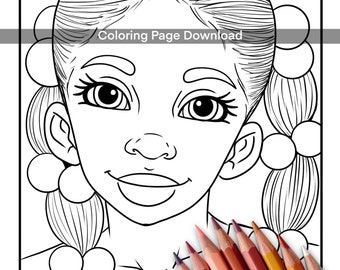 May include: A black and white line drawing of a young girl with her hair in two braids with large, round beads. The girl is smiling and has large eyes. The image is a coloring page with the text "Coloring Page Download" at the top. A set of colored pencils are shown at the bottom of the image.