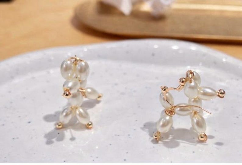 Balloon Dog, dog earring, poodle earring, pet, animal pearls 14k filled gold, fun, unique, Quirky, pretty, Great gift, Light Luxury jewelry image 2