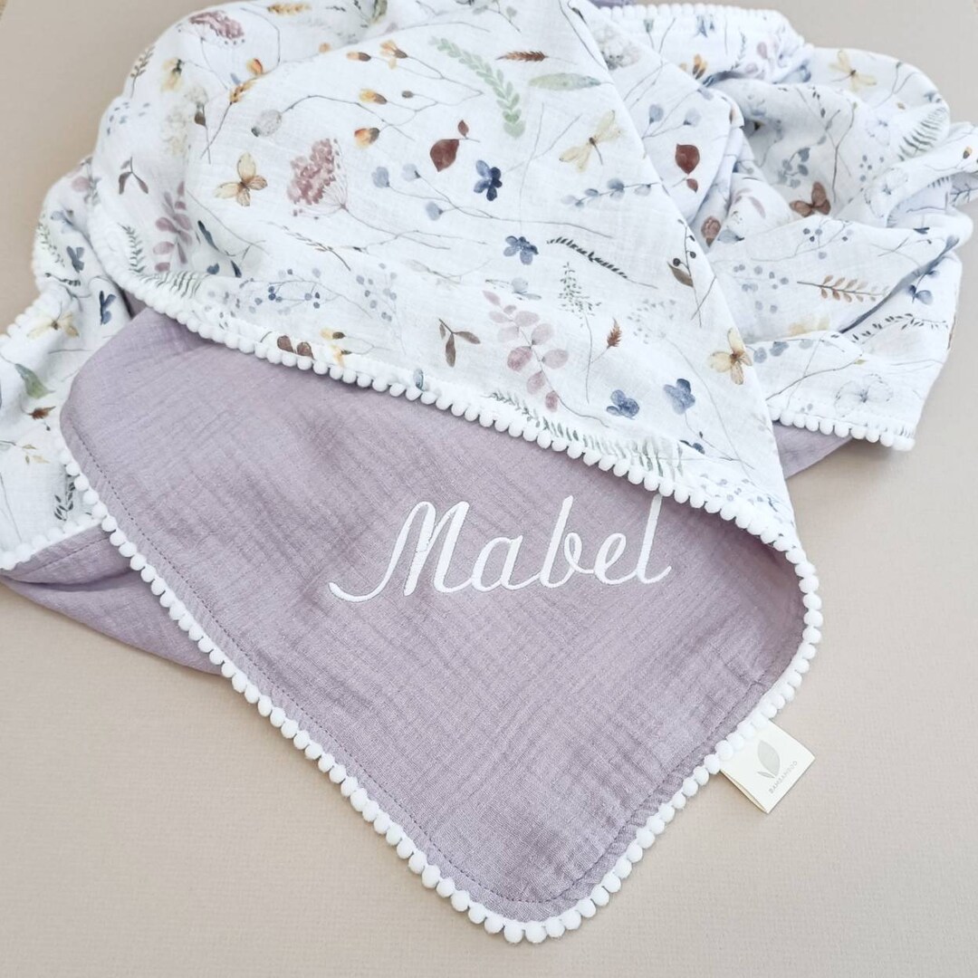 Purple Wild Flower Butterfly Baby Blanket, Personalised Muslin Swaddle