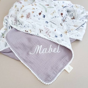 Purple wild flower butterfly baby blanket, personalised muslin swaddle blanket made with soft organic cotton, stroller blanket.