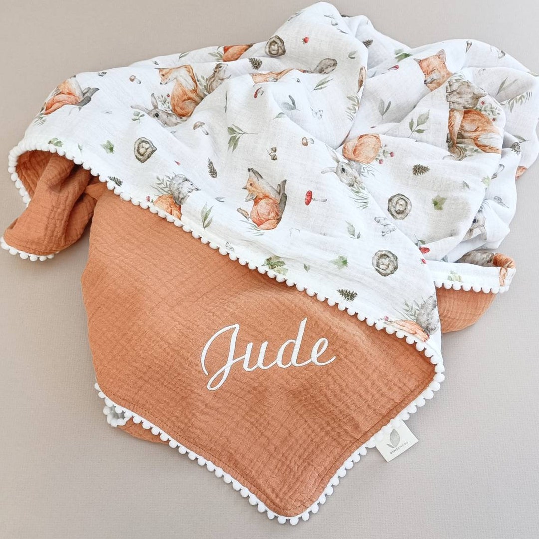 Personalised Woodland Baby Blanket With Name, Woodland Fox Swaddle