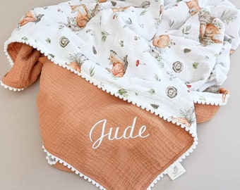 Personalised woodland baby blanket with name, woodland fox swaddle blanket for boy or girl made with soft organic cotton, new baby gift.