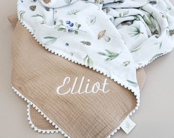 Woodland baby blanket, forest leaves, personalised mushroom swaddle blanket for boy or girl made with soft organic cotton.