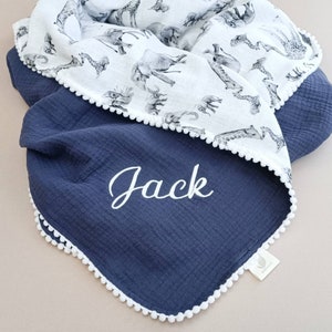 Personalised safari baby blanket, muslin swaddle blanket gift set for boy/girl, soft organic cotton, newborn gift, toddler blanket Navy Elephant