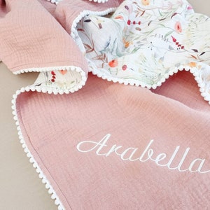 Organic floral baby blanket, personalised muslin swaddle pom pom blanket made with soft organic cotton, new baby gift